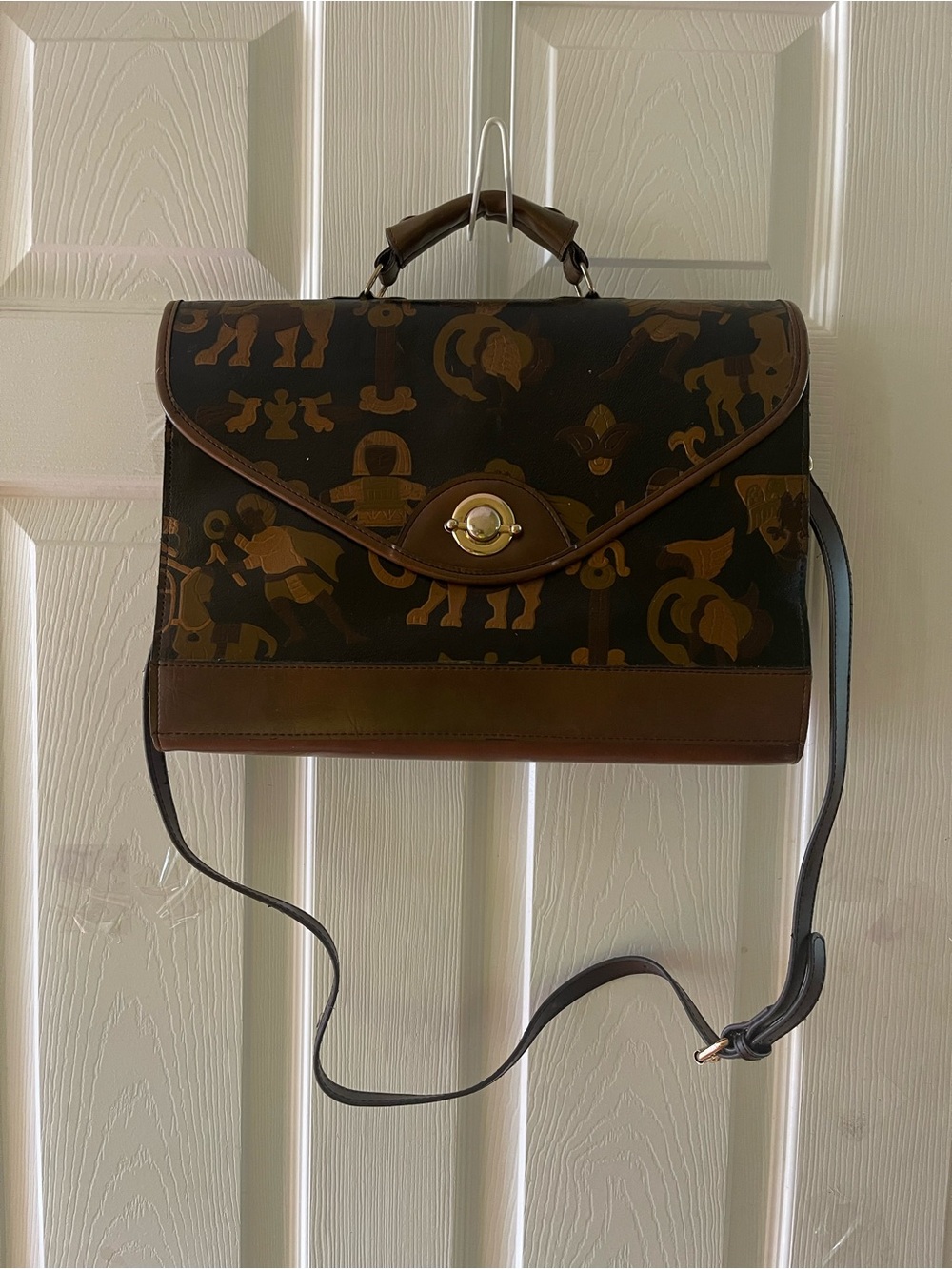 Vintage Brown tooled Leather Egyptian graphic pattern Top-Handle Satchel .